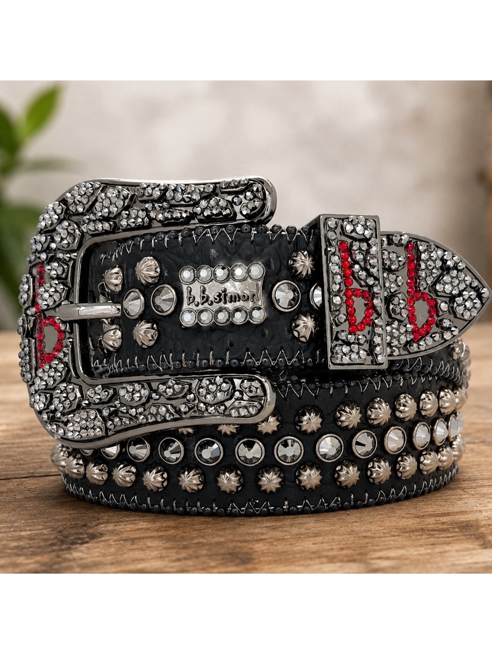B.B. Simon Triple 'b' Safa Belt in Black Static Jet Hematite Swarovski